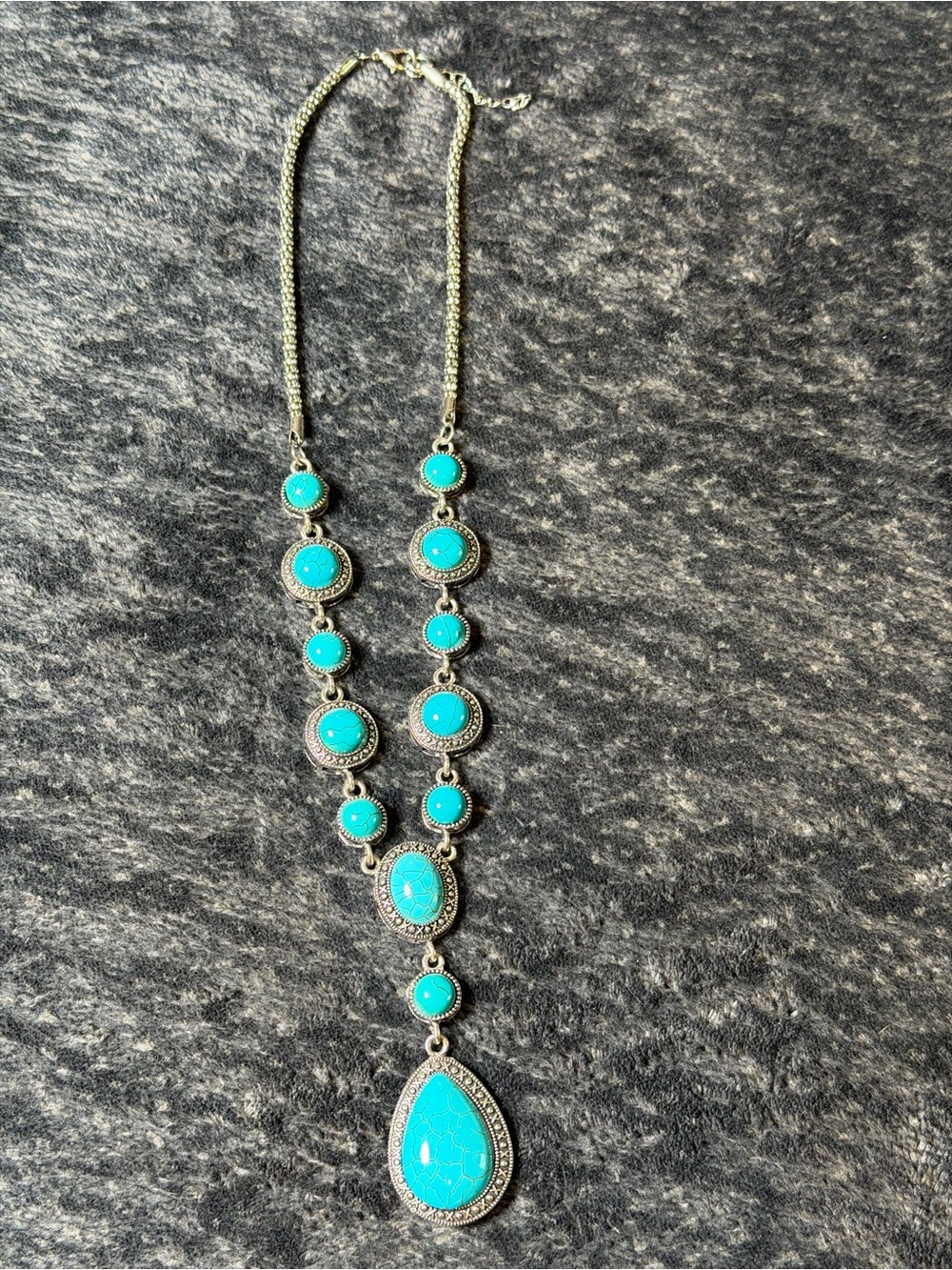 Western Faux Turquoise Y Necklace Silver Tone Boho Southwestern Statement